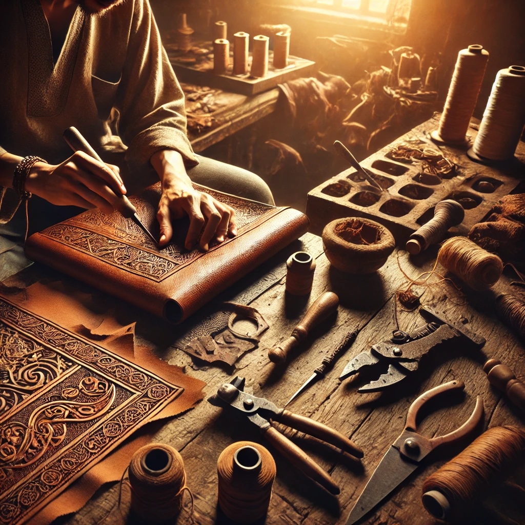 Craftsman skillfully working on a leather product